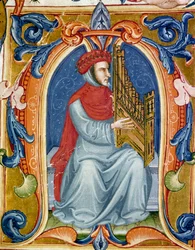 Porträt von Francesco Landini, der Orgel spielt (1325-1397), italienischer Komponist, Organist, Sänger, Dichter. Miniatur des Codex Squarcialupi des 15. Jahrhunderts. Florenz, Bibliothek Laurenziana, Ms. Med. Pal. 87.
