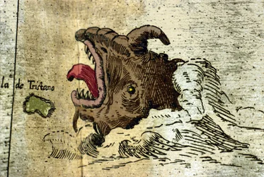 Darstellung eines Meeresmonsters in der Nähe des Tristan da Cunha Archipels. Detail des Atlas von Urbano Monte