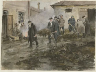 Bourgeoisie reinigt die Ställe aus der Aquarellserie Russische Revolution, 1920