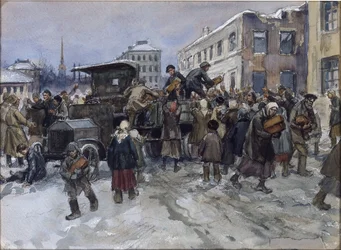 Hungrige Arbeiter in Petrograd plündern einen Militärlastwagen mit Brot, von Ivan Alexeyevich Vladimirov