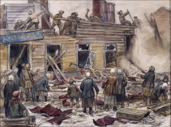 Arbeiter, die Holzhäuser zum Heizen abreißen von Vladimirov, Ivan Alexeyevich (1869-1947)