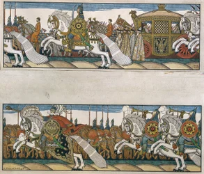 Die Armee des Zaren Dadon. Illustration für das Märchen Der goldene Hahn von Alexander Puschkin