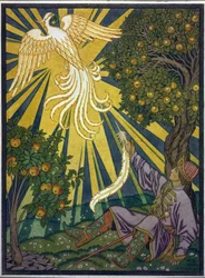 Der Prinz fängt eine Feder des Feuervogels. Illustration zum Märchen "Iwan Zarewitsch, der Feuervogel und der graue Wolf"