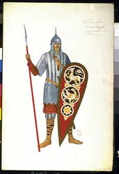 Ein russischer Krieger im 12. Jahrhundert. Kostümentwurf für die Oper "Fürst Igor" von Alexander Borodin