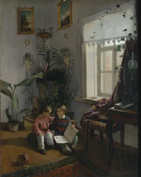Im Zimmer. Junge Jungen schauen ein Buch an, 1854