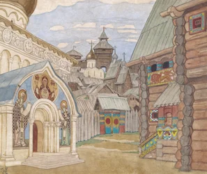 Russisches Dorf. Bühnenbild für die Oper Die Geschichte vom Zaren Saltan von N. Rimski-Korsakow