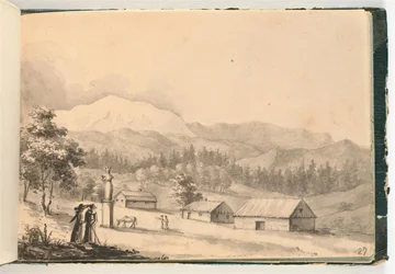 Berglandschaft mit Menschen und Häusern