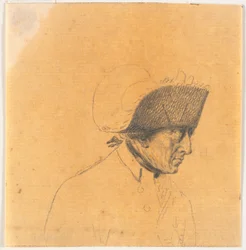 Vorarbeit zu einem der Köpfe für den Stich: Friedrich der Große reitet nach einer Revue in Potsdam nach Hause