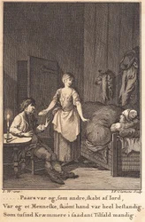 Marthe, die Köchin, kommt in das Zimmer zu Peder Paars und Per Ruus