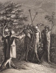 Niels Klim sieht einen potuanischen Verbrecher, der von drei Wächtern abgeführt wird