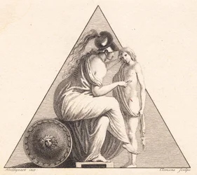 Vignette, die Pallas Athene darstellt, die einem jungen Mann das Leben schenkt