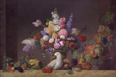 Ein Korb mit Blumen, ein Kakadu und eine Fruchtranke