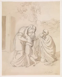 Sarah verabschiedet sich von Isaak, Abraham kniend