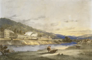 Trefforest-Zinnwerke, Glamorganshire, um 1840 (handkolorierte Lithografie auf Papier)