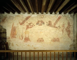 Ein Wandgemälde aus dem 15. Jahrhundert an der Ostwand der bemalten Kammer in der Cleeve Abbey, Somerset, 1999