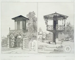 Portal mit Kiosk, Meudon, und überdachte Terrasse, St. Denis, aus einem Band von Entwürfen verschiedener Architekten, veröffentlicht von Morel & Cie, Paris, ca. 1880