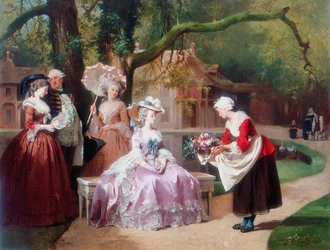Kaiserin Eugenie erhält einen Blumenstrauß von einem Bauernmädchen
