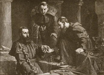 Schatzversteck bei der Unterdrückung eines Klosters, Illustration aus The Church of England: A History for the People von H.D.M. Spence-Jones, veröffentlicht um 1910 Lithografie Sepia Foto