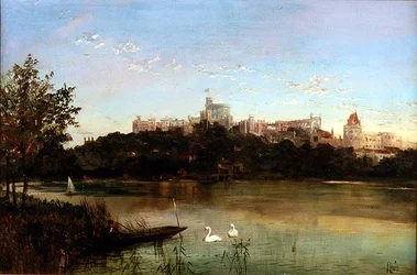 Figuren in einem Kahn und Schwäne auf der Themse mit Windsor Castle im Hintergrund