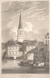 Ansicht der St. Brides Kirche, vom Fluss Thames aus gesehen (gestochen von Matthews)