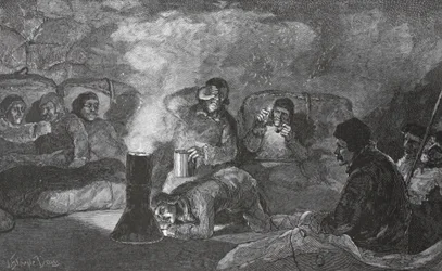 Innenansicht unserer Winterhütte in Camp Clay während des Kochens, 1883