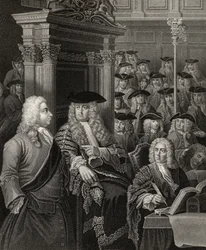 Das House of Commons in der Verwaltung von Sir Robert Walpole, graviert von R. Page, aus 