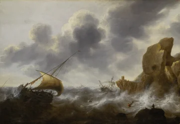 Ein Fischerboot vor einer felsigen Küste in einem Sturm mit einem Wrack, ca. 1664-65