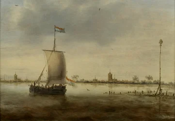 Ein Segelschiff entlang der Küste einer niederländischen Stadt, vermutlich Schoonhoven