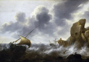 Ein Fischerboot im Sturm in der Nähe einer felsigen Küste, mit einem Schiffswrack