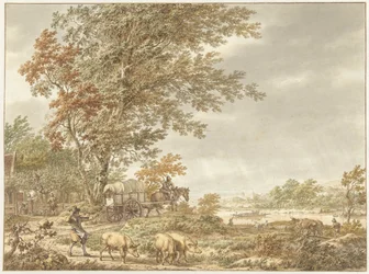 Hügellandschaft mit Schweinehirte und anderen Figuren, ein Fluss in der Ferne