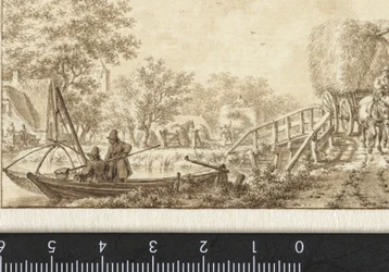 Landschaft mit Fischern in einem Boot und Heuwagen auf einer Brücke