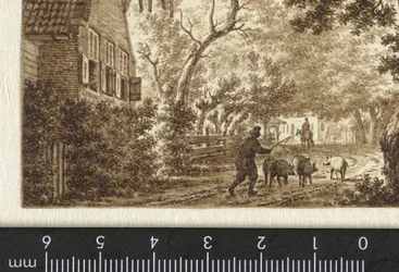 Schweinehirt auf einem Weg vor einem Haus