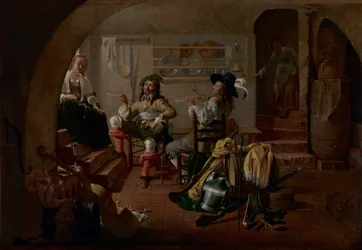 Innenraum mit Soldaten und Frauen, ca. 1650