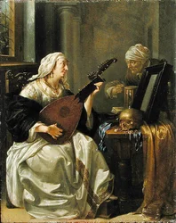 Frau mit Theorbo, Vanitas, ca. 1660