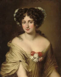 Porträt von Contessa Ortensia Ianni Stella, Brustbild, in einer elfenbeinfarbenen Bluse, mit Blumen im Haar
