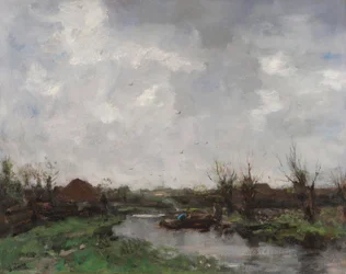 Eine Flusslandschaft mit Bauernhäusern, späte 1870er Jahre