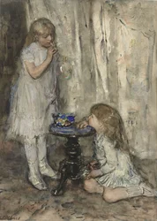 Zwei Mädchen, die Seifenblasen machen, ca. 1880