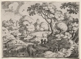 Sechs Landschaften: Pfad zwischen Sumpf und bewaldetem Ufer, um 1595