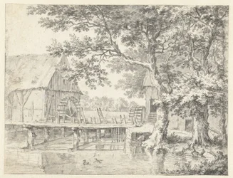 Ansicht von zwei Wassermühlen, die eine Schleuse flankieren