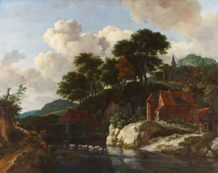 Hügelige Landschaft mit einer Wassermühle, um 1670