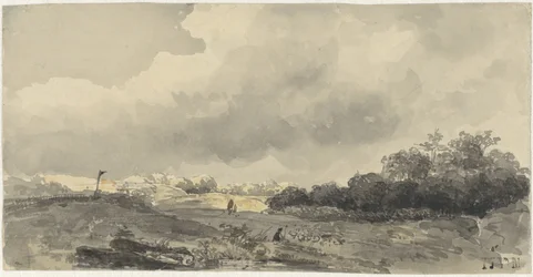 Landschaft mit Schäfer unter schwerer Wolkendecke