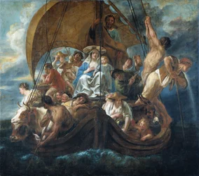 Die Heilige Familie mit verschiedenen Personen und Tieren in einem Boot