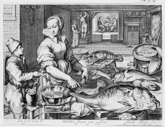 Küchenszene mit einer Küchenmagd, die Fisch zubereitet, und Christus in Emmaus im Hintergrund, aus „Küchen- und Marktszenen mit biblischen Szenen im Hintergrund“
