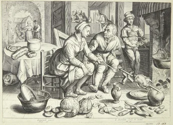 Küchenszene mit einem Mann und einer Frau, die ein Huhn braten