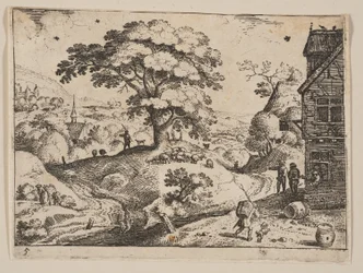 Gasthaus rechts der Straße vor dem Dorf, aus Landschaften