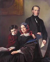 Mevrouw A J Schmidt-Keiser, Witwe des Malers Willem Hendrik Schmidt (1809-49), der Lehrmeister von Jacob Spoel, mit ihrem Bruder J N Keiser und ihrem zehnjährigen Sohn