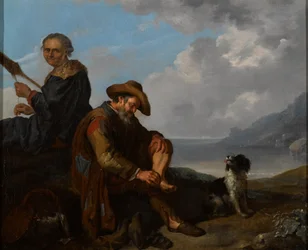 Eine südliche Küstenlandschaft mit einem Paar und einem Hund