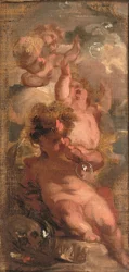 Eine Allegorie der Vergänglichkeit: Vier Putti, die Seifenblasen blasen, ein Schädel, eine Künstlerpalette und eine Krone in der Nähe
