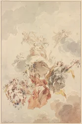 Genien und Amoretten, gruppiert um einen zum Himmel aufsteigenden Blumenkorb