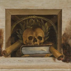 Vanitas-Stillleben mit Schädel mit Lorbeerkranz, Buch und zwei brennenden Kerzen